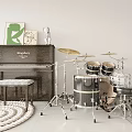 Musical Instruments and Artworks Room Setup with Piano Drum Set and Framed Paintings