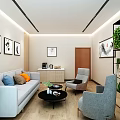 Modern Office Interior With Sofa Chairs Green Plants Large Windows City View And Decorative Paintings