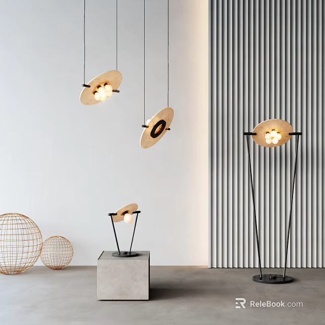 Minimalist Lighting Combination with Pendant Lights Floor Lamp Table Lamp Woven Decor and Concrete Base 3d model 