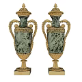 Pair of Classic Vases with Gold Accents Speckled Bodies and Ornate Handles on Pedestal Bases