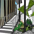 Contemporary Indoor Landscape Featuring Staircase Railing Green Plants Geometric Structures And Rock Decor