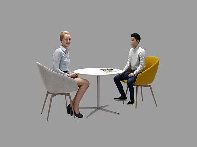 Two People Sitting at White Round Table with Magazine and Gray Yellow Chairs in Background 3d model