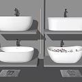 Modern White Freestanding Bathtubs With Shower Faucet On Bathroom Shelf And Bath Mat