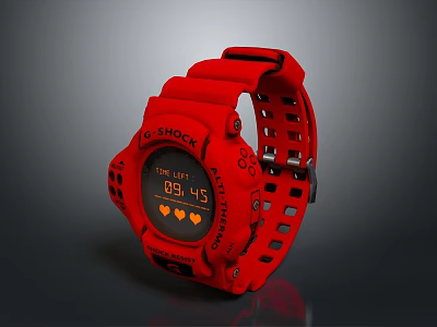 Red G-SHOCK Watch With Digital Display Perforated Red Strap And Heart Rate Monitor 3d model