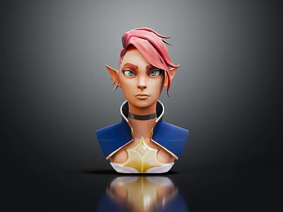 Fantasy Elf Character 3D Portrait with Pink Hair Blue Eyes Blue Gold Outfit and Choker 3d model