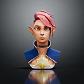 Fantasy Elf Character 3D Portrait with Pink Hair Blue Eyes Blue Gold Outfit and Choker