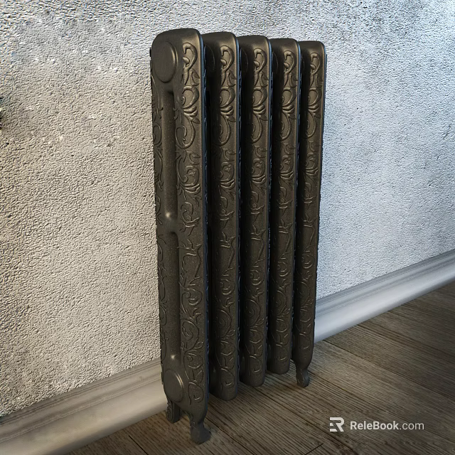 Black Decorative Cast Iron Radiator Against Gray Wall In Room With Wooden Floor 3d model 