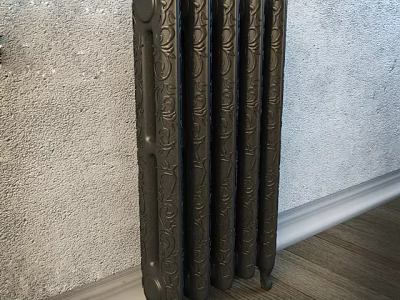 Black Decorative Cast Iron Radiator Against Gray Wall In Room With Wooden Floor 3d model