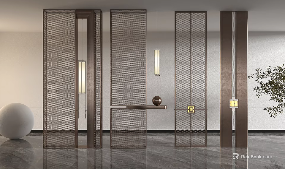 Modern Metal Room Divider With Perforated Design Pendant Lights And Console Table 3d model 