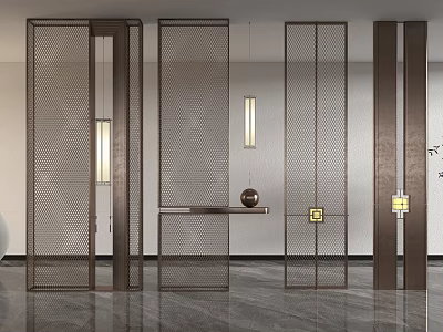 Modern Metal Room Divider With Perforated Design Pendant Lights And Console Table 3d model