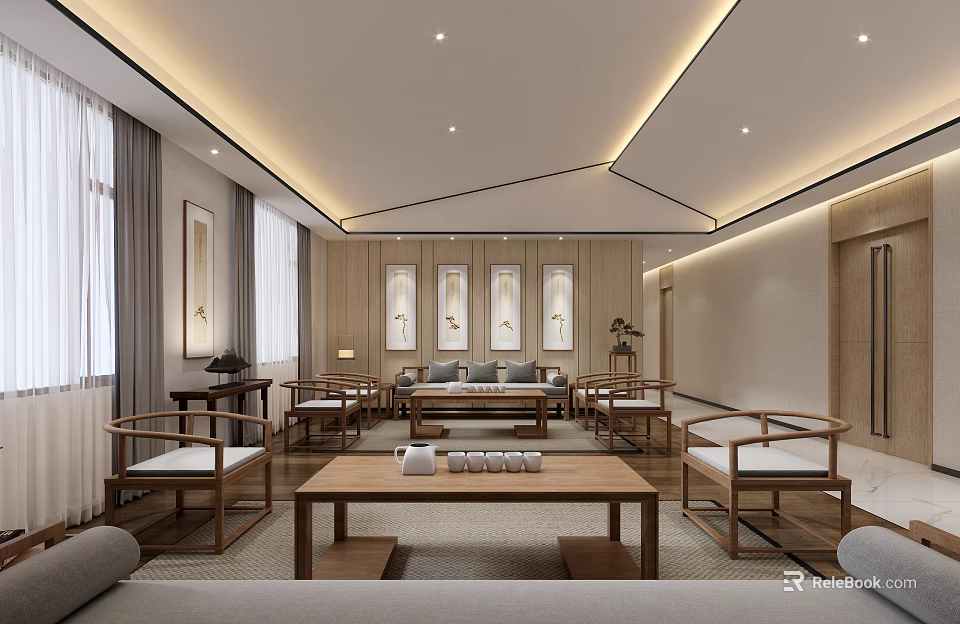 Hotel Public Lounge Interior With Wooden Furniture Sofa Tea Table And Decorative Paintings 3d model 