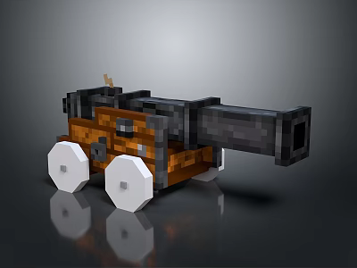 Detailed Pixel Style Cannon Model with Wooden Carriage White Wheels and Black Barrel 3d model