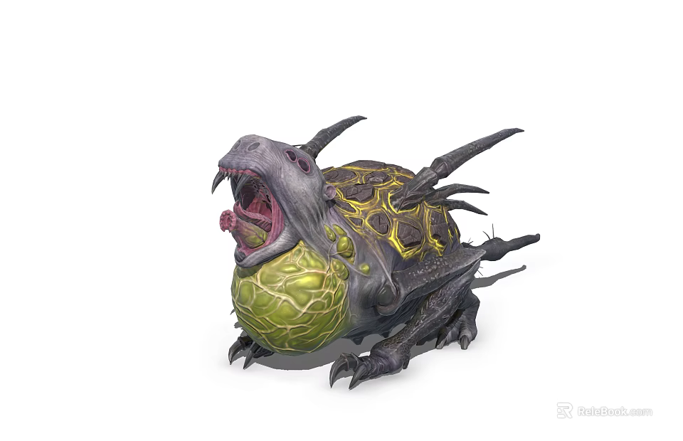 Fantasy Game Movie Monster Character With Turtle Like Shell Spikes Open Mouth And Green Belly 3d model 