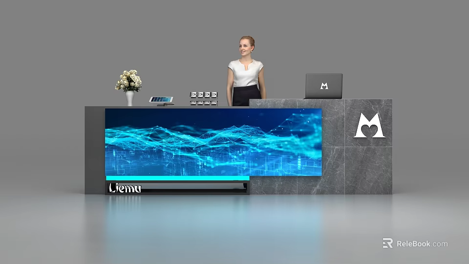 Modern Reception Desk With Large Digital Screen Blue Wavy Display Flower Vase And Laptop 3d model 
