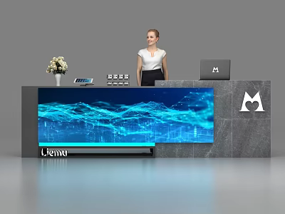 Modern Reception Desk With Large Digital Screen Blue Wavy Display Flower Vase And Laptop 3d model