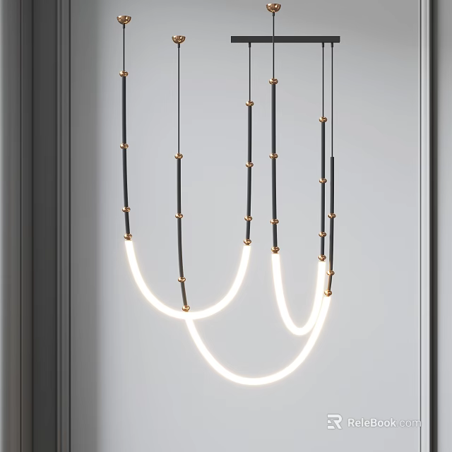 Modern Chandelier With Black Rods Golden Accents And White Circular LED Lights 3d model 