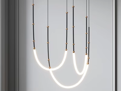 Modern Chandelier With Black Rods Golden Accents And White Circular LED Lights 3d model