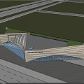 Modern Chinese Character Museum Exterior With Curved Roof Glass Wall Trees And Square