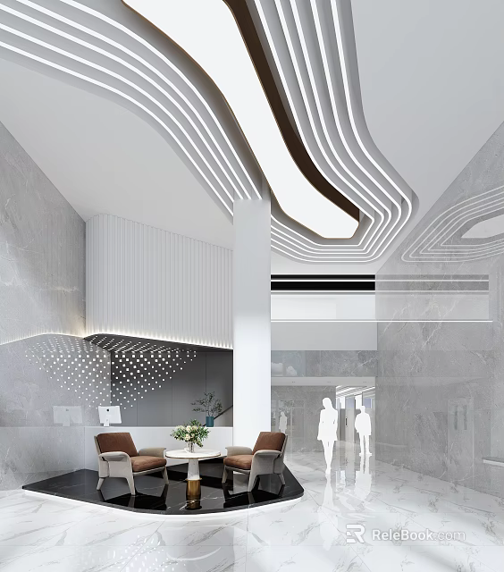 Modern Front Desk Reception Area With Elegant Lighting And Marble Interior Design 3d model 