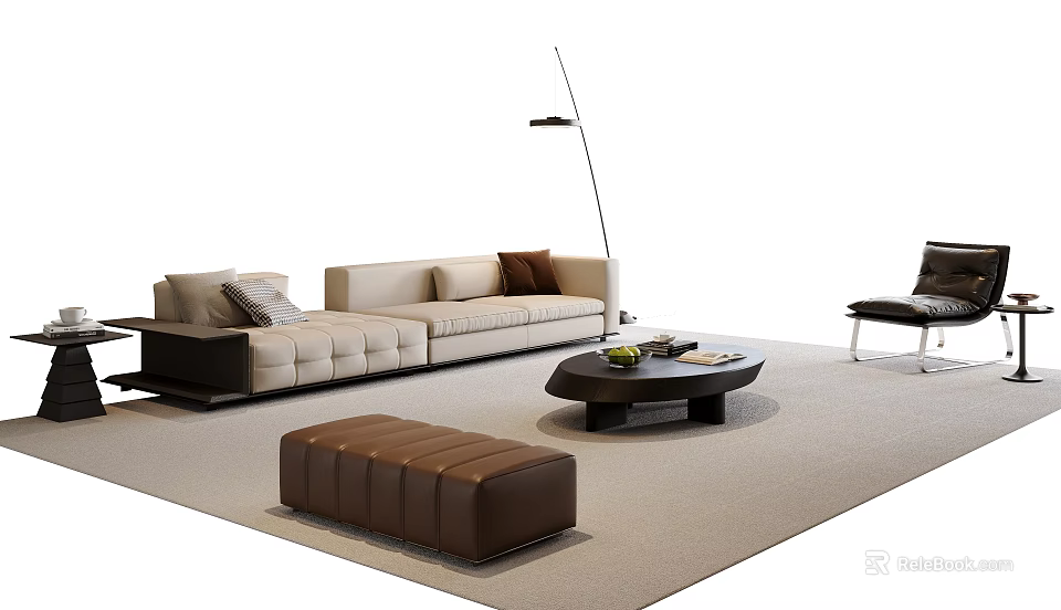 Modern Sofa and Coffee Table Set with Beige Sofa Brown Cushions Black Table Brown Ottoman 3d model 