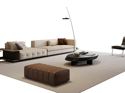 Modern Sofa and Coffee Table Set with Beige Sofa Brown Cushions Black Table Brown Ottoman 3d model