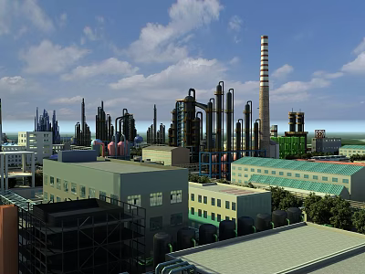 Industrial Plant With Tall Chimneys Industrial Pipes Various Buildings Green Roof And Gray Structures 3d model