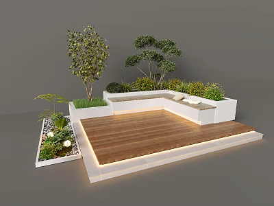 White Modern Outdoor Patio Lounge Chair on Wooden Deck with Green Plants and Lighting 3d model