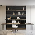 Modern Study Room Interior With Wooden Desk Ergonomic Chair Books And Floating Bookshelf