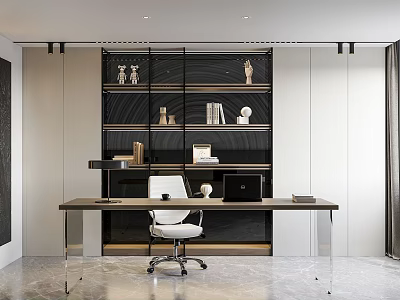 Modern Study Room Interior With Wooden Desk Ergonomic Chair Books And Floating Bookshelf 3d model