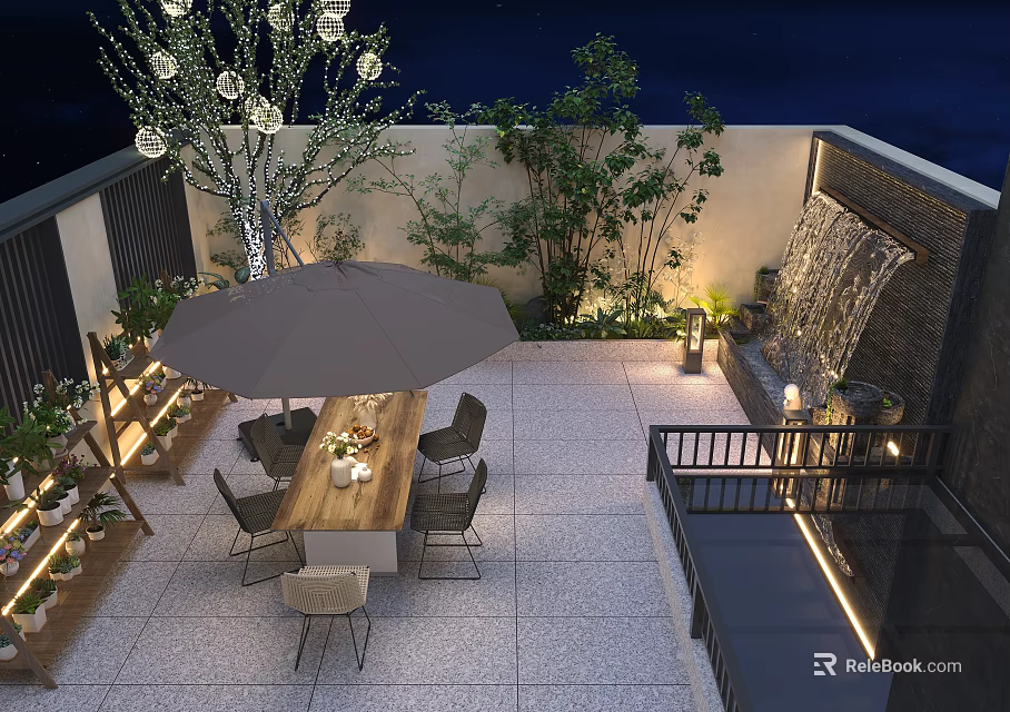 Courtyard Garden Terrace With Dining Table Chairs Umbrella Waterfall Feature Plants And Lighting 3d model 