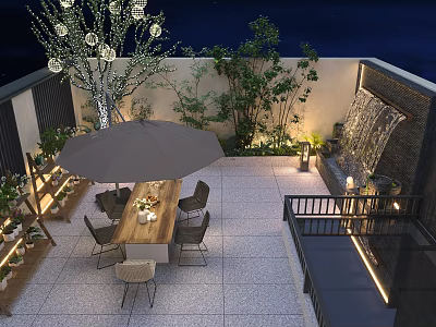 Courtyard Garden Terrace With Dining Table Chairs Umbrella Waterfall Feature Plants And Lighting 3d model