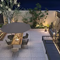 Courtyard Garden Terrace With Dining Table Chairs Umbrella Waterfall Feature Plants And Lighting