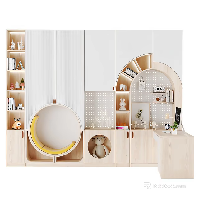 Light Wood Decorative Cabinet With White Doors Arched Design Open Shelves And Circular Seating 3d model 