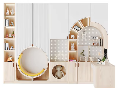 Light Wood Decorative Cabinet With White Doors Arched Design Open Shelves And Circular Seating 3d model
