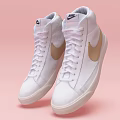 White High Top Shoes Featuring Golden Nike Logo on Pink Background