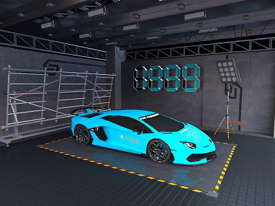 Parking Lot With Blue Sports Car Yellow Lines Scaffolding Digital Screen And Lighting Equipment 3d model