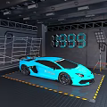 Parking Lot With Blue Sports Car Yellow Lines Scaffolding Digital Screen And Lighting Equipment