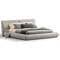 Gray and Beige Upholstered Double Bed with Soft Pillows and Side Tables