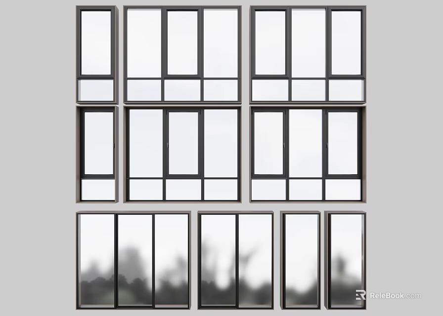 Various Modern Casement Window Designs With Black Frames And Clear Glass Panels 3d model 