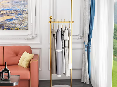 Gold Standing Clothes Rack in Living Room with Grey White Clothes Orange Sofa Blue Curtains 3d model