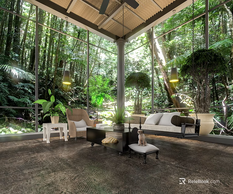 Luxurious Villa Balcony Outdoor Relaxation Area With Forest View Comfortable Sofa And Hanging Lights 3d model 