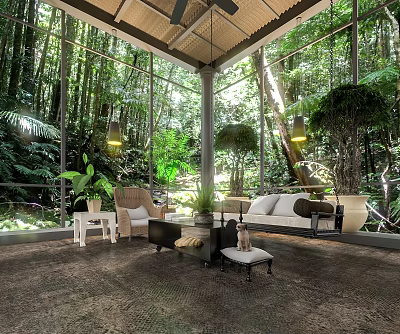 Luxurious Villa Balcony Outdoor Relaxation Area With Forest View Comfortable Sofa And Hanging Lights 3d model