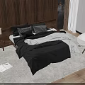 Double Bed In Modern Bedroom With Wooden Panel Wall Black Bedding And Snowy View