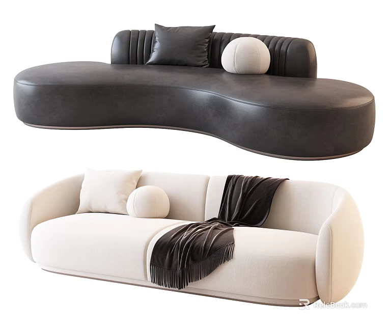Modern Multi-seat Sofa Curved Design Black Cream Colors with Decorative Pillows and Throw Blanket 3d model 