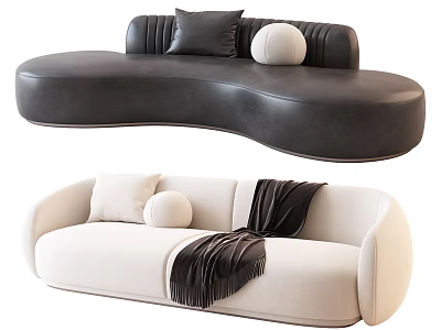 Modern Multi-seat Sofa Curved Design Black Cream Colors with Decorative Pillows and Throw Blanket 3d model