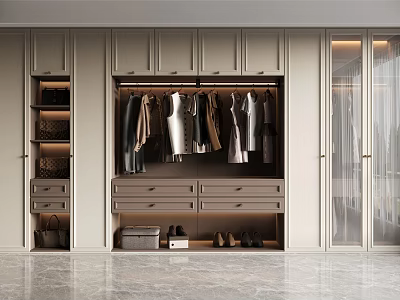 Modern Open Closet Design With Hanging Clothes Drawers And Shoe Storage 3d model