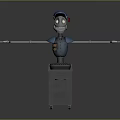 Cartoon Robot In Blue Cap Outfit With Extended Arms And White Tools On Black Oven