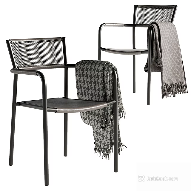 Modern Leisure Chairs With Black Frame Woven Seat Armrests And Houndstooth Fringe Blanket 3d model 