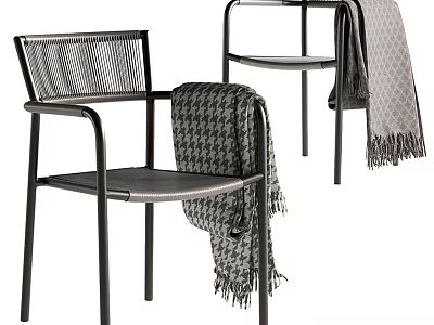 Modern Leisure Chairs With Black Frame Woven Seat Armrests And Houndstooth Fringe Blanket 3d model