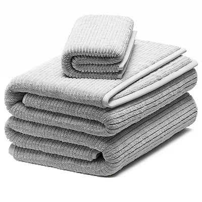 Soft Gray Towel Set Stacked With Striped Texture And Absorbent Fabric 3d model